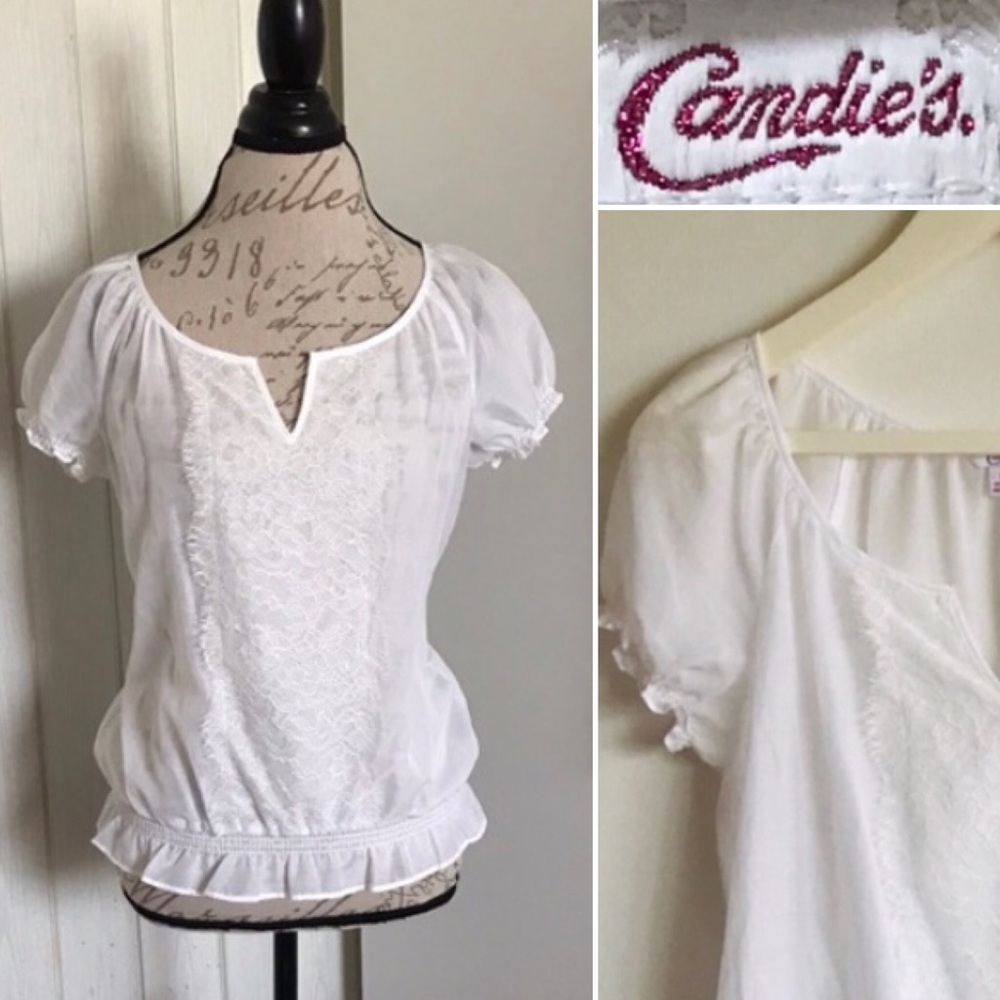 Candies White Blouse Semi Sheer Center Lace Short Elastic Puff Sleeves Top Med. - Picture 1 of 16